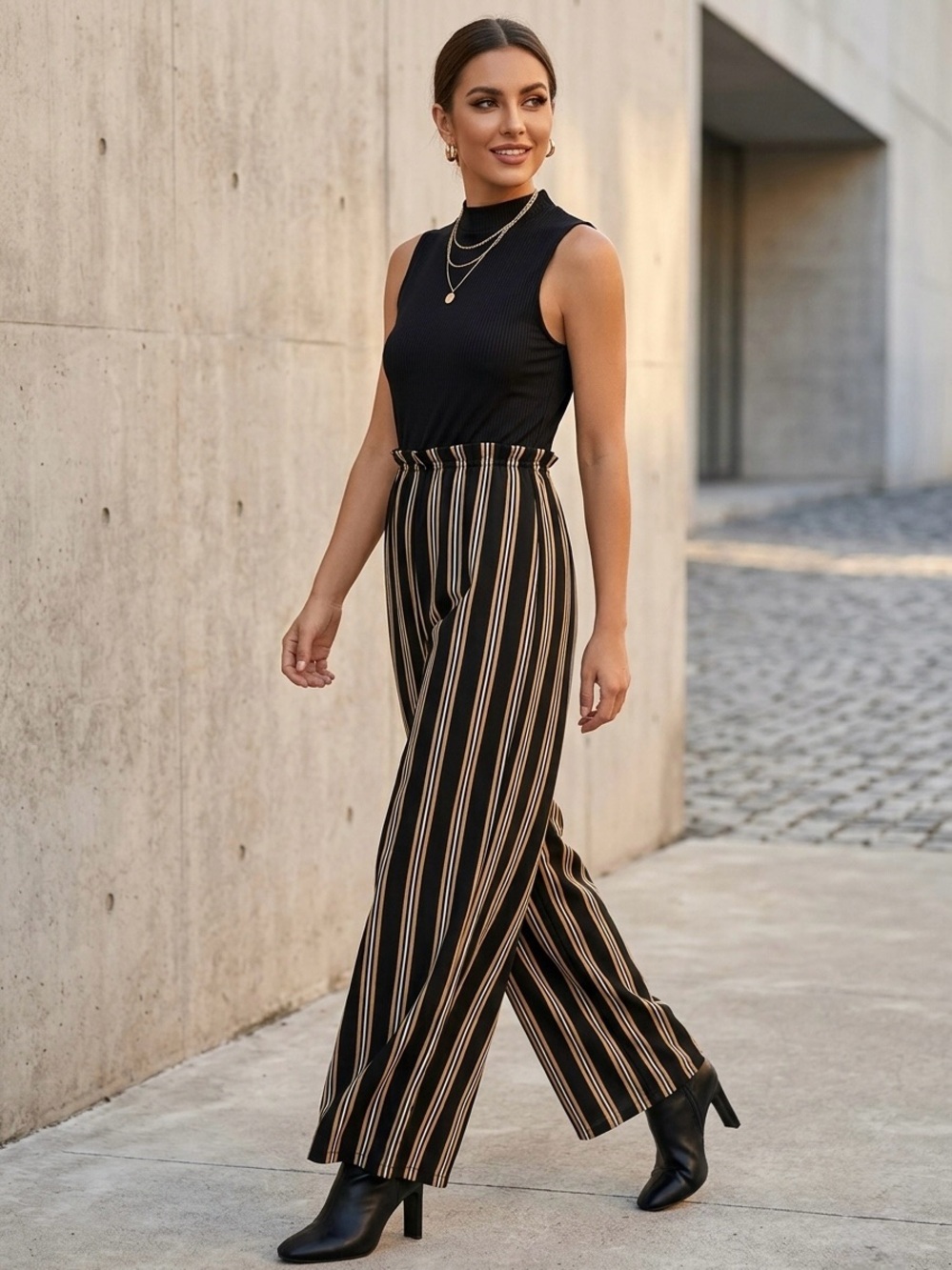 AS U WISH Black Striped Sleeveless Wide Leg Jumpsuit XL Neutral Minimalist